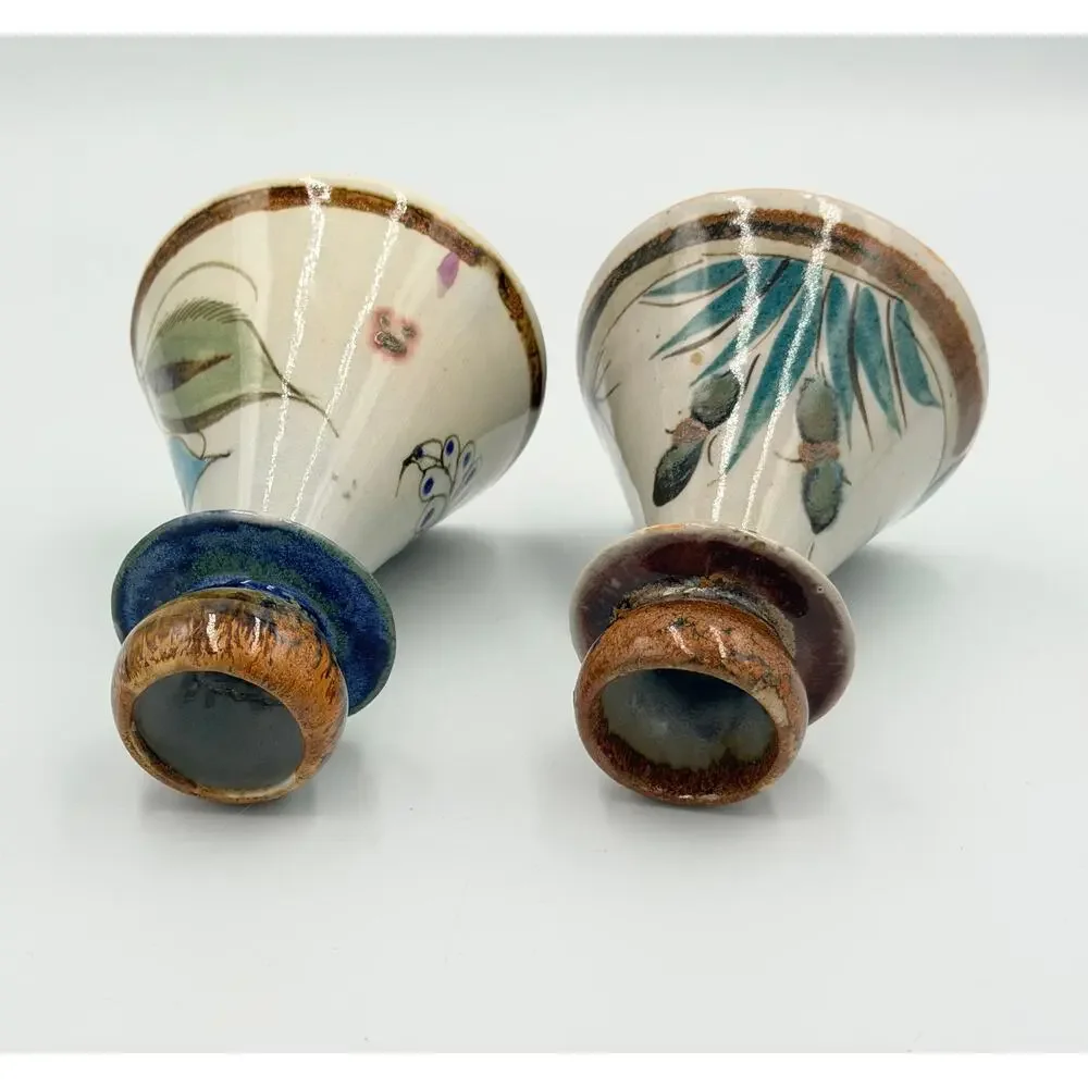 Folk-Art Ken Edwards Palomar Tonala Pottery Hand Painted 2pc Set Candle Holders